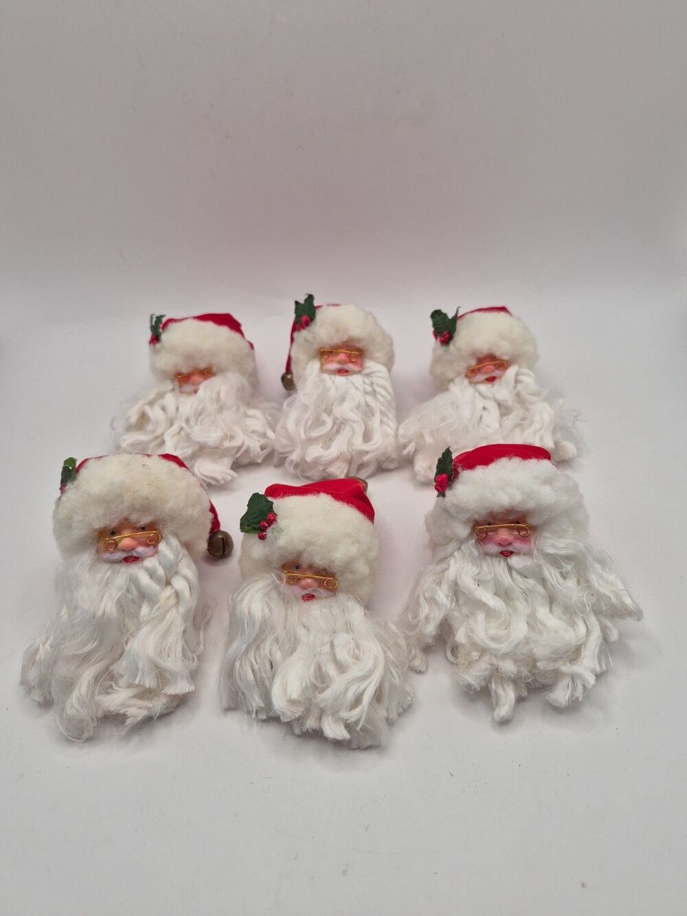 Vintage 1970s Christmas 6 Santa Head with Fluffy Beard Napkin Rings 4.2"